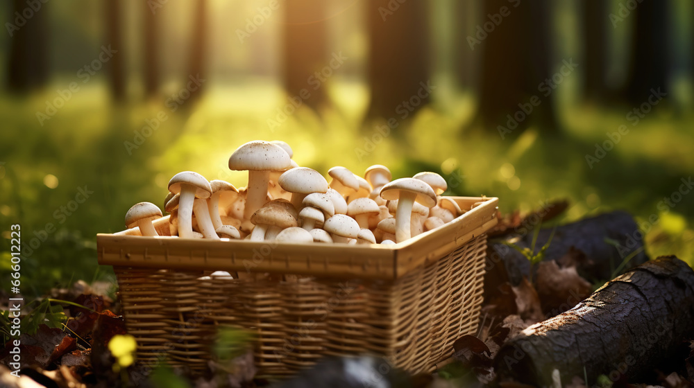 Champignon mushrooms in a wooden basket on a blurred background of the autumn forest. Generative AI Champignon mushrooms in a wooden basket on a blurred background of the autumn forest. Generative AI
