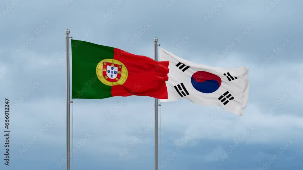 South Korea or Republic of Korea or ROK and Portugal flag waving together on cloudy sky, endless seamless loop, two country cooperation concept South Korea or Republic of Korea or ROK and Portugal flag waving together on cloudy sky, endless seamless loop, two country cooperation concept
