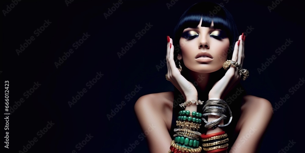 Glamourous beauty woman wearing rings and bracelets gold and diamond jewelry on black background.Space for text.AI Generative Glamourous beauty woman wearing rings and bracelets gold and diamond jewelry on black background.Space for text.AI Generative