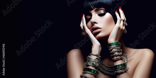 Glamourous beauty woman wearing rings and bracelets gold and diamond jewelry on black background.Space for text.AI Generative