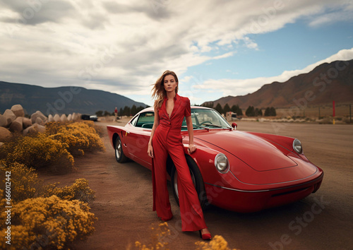 Beautiful woman model in red designer summer suit next to vintage retro sport car on road.Macro.AI Generative photo