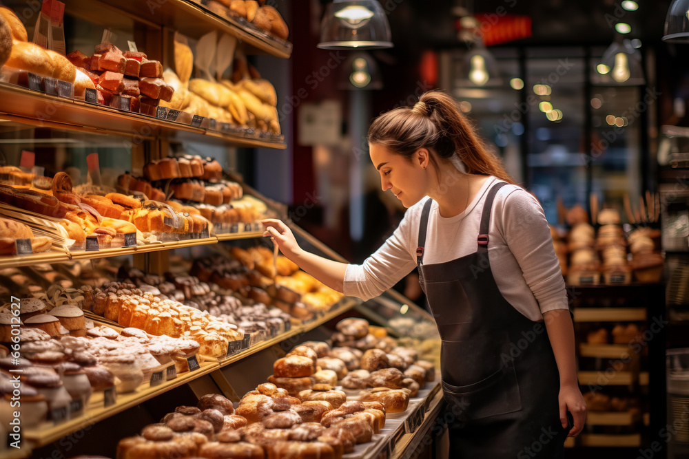 A composition featuring a young woman bakery worker in an apron, browsing the bakery section, with the aroma of freshly baked bread