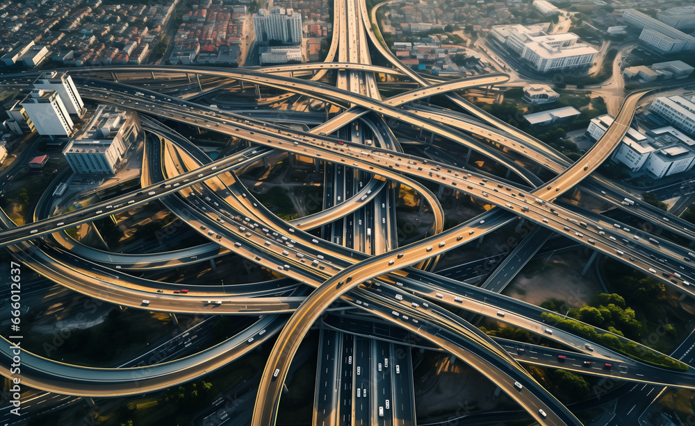 Aerial view of a future city's traffic junction. Aerial view of a future city's traffic junction.
