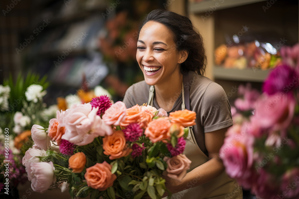 A beautiful cheerful woman florist sells a bouquets of fresh flowers in floral boutique, selective focus, shallow depth of field