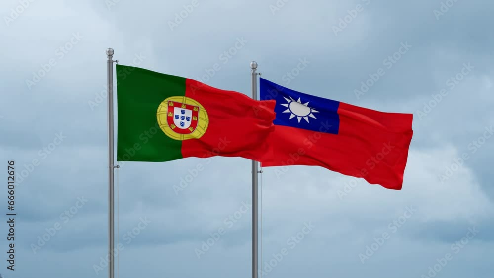 Taiwan and Portugal flag waving together on cloudy sky, endless seamless loop, two country cooperation concept Taiwan and Portugal flag waving together on cloudy sky, endless seamless loop, two country cooperation concept