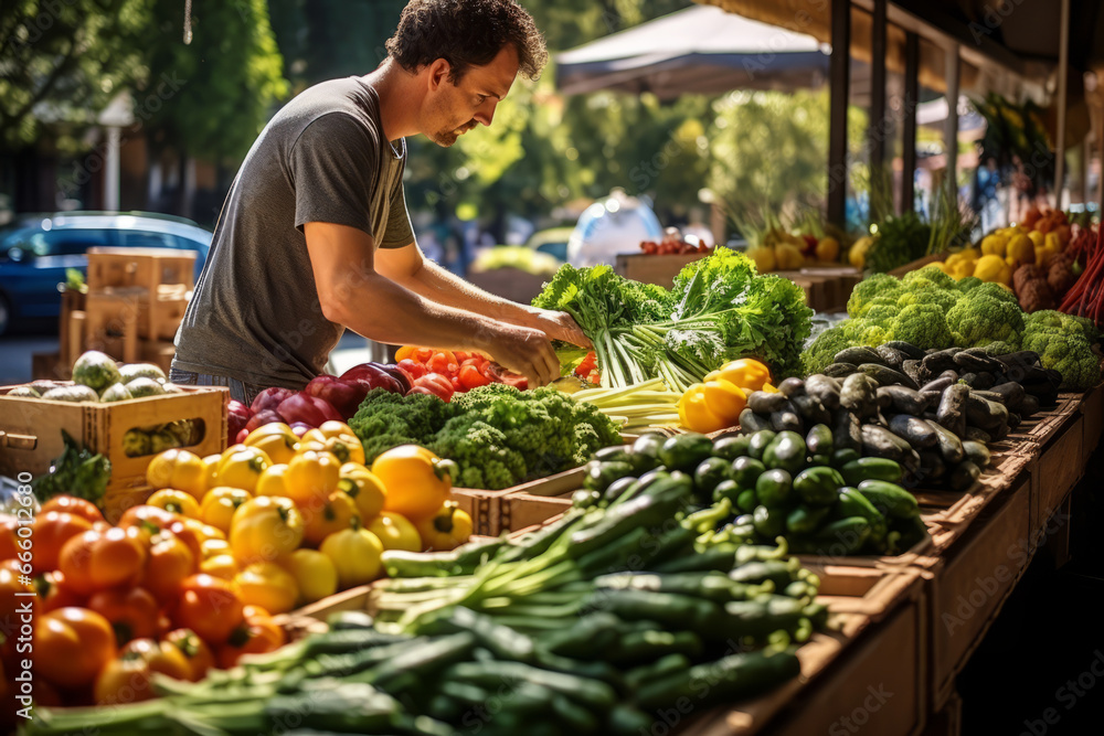 A man selling fresh vegetables, organic produce at a farmers' market