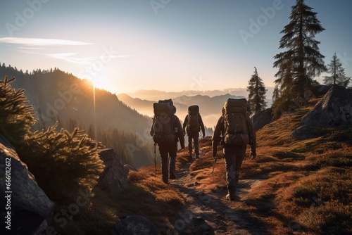 A captivating scene of a group of hikers  explorers embarking on a sunrise mountain hike, the rays of light illuminating their path, adventure concept. © Mikhail