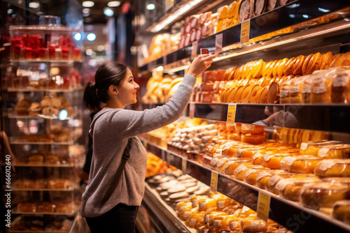 A young smiling woman consumer, browsing in the bakery section, the freshly baked bread