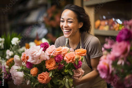 A beautiful cheerful woman florist sells a bouquets of fresh flowers in floral boutique, selective focus, shallow depth of field
