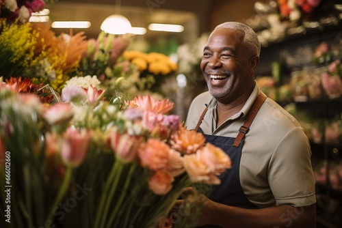 A cheerful afro-american florist sells a bouquets of fresh flowers in floral boutique, selective focus, shallow depth of field