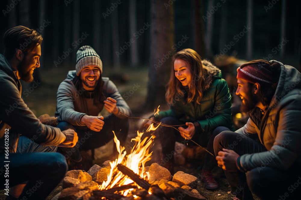 A group of laughter friends gathered around a campfire in the evening forest, camping concept.