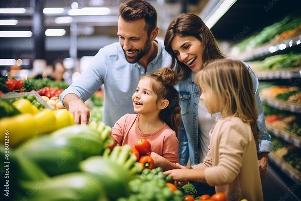 A happy family shopping together in the produce section, with children, selecting fruits and vegetables, family grocery trips concept. - obrazy, fototapety, plakaty 