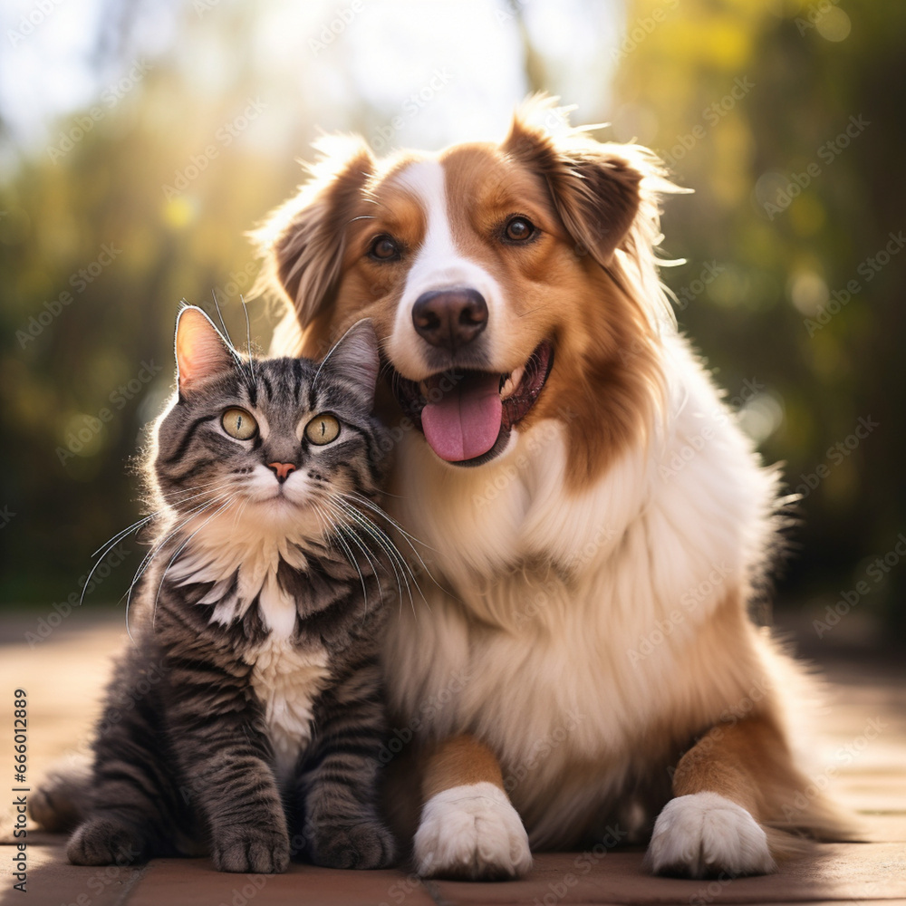 A dog and a cat sit together, showing the timeless bond of friendship between different species A dog and a cat sit together, showing the timeless bond of friendship between different species