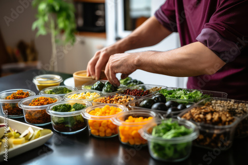 An image capturing the concept of meal prep, with a person portioning out cooked groats, quinoa and vegetables into containers,  emphasizing convenience and planning
