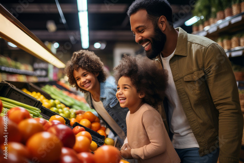 A happy african-american family shopping together in the produce section, with children, selecting fruits and vegetables, family grocery trips concept.