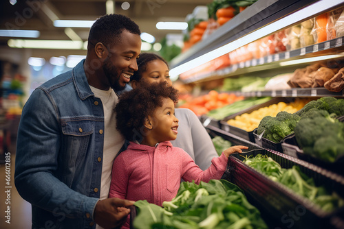 A happy african-american family shopping together in the produce section, with children, selecting fruits and vegetables, family grocery trips concept. photo