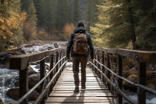 Rear view on a hiker with a backpack, crossing a old wooden footbridge over a rushing stream in forest, encapsulating the spirit of adventure, backcountry hiking concept