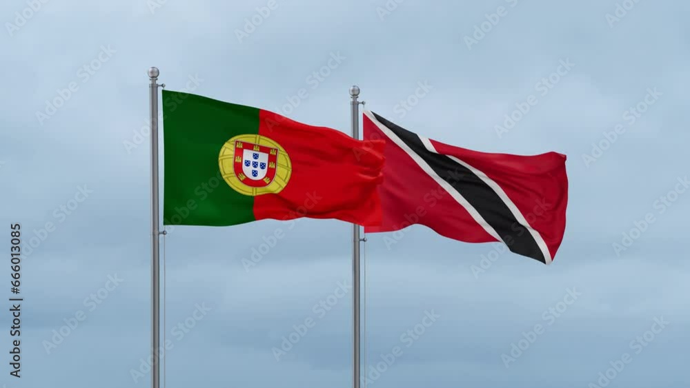 Trinidad and Tobago and Portugal flag waving together on cloudy sky, endless seamless loop, two country cooperation concept Trinidad and Tobago and Portugal flag waving together on cloudy sky, endless seamless loop, two country cooperation concept