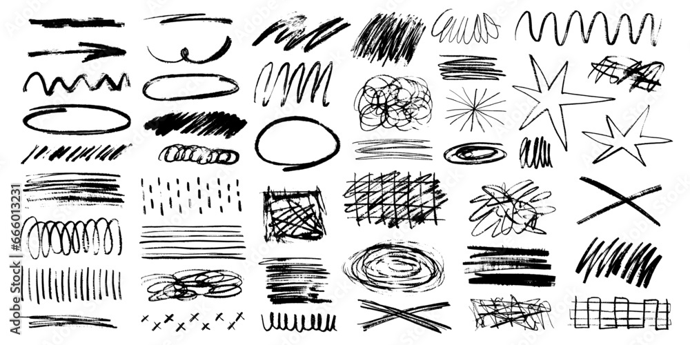 Grunge scrawl underlines, charcoal scribble highlights, rough brush strokes, circles, stars. Bold charcoal freehand textures, stripes, crosses and ink shapes. Pencil drawing, vector illustration - obrazy, fototapety, plakaty 