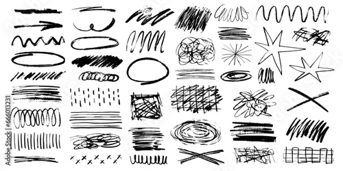 Grunge scrawl underlines, charcoal scribble highlights, rough brush strokes, circles, stars. Bold charcoal freehand textures, stripes, crosses and ink shapes. Pencil drawing, vector illustration