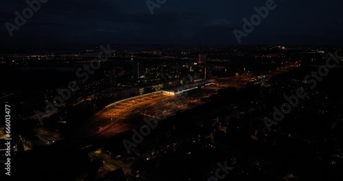 Aerial of a train sotrage and maintenance site at night. photo