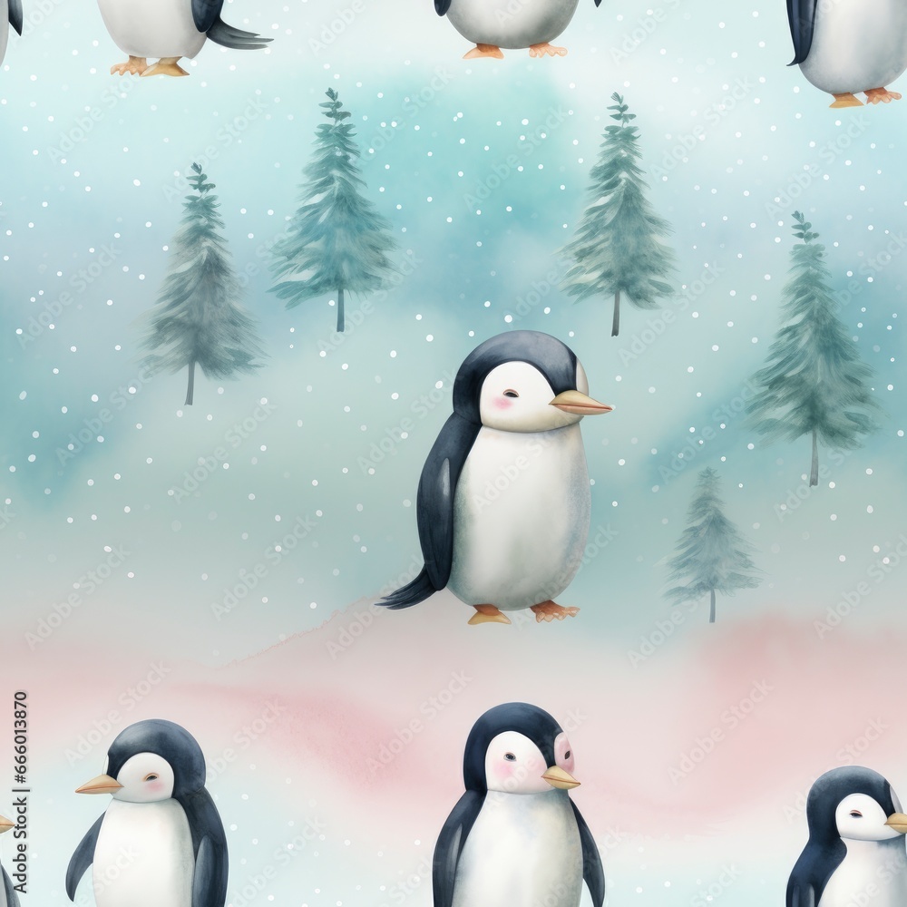 Obraz premium Seamless Watercolor Pattern with Penguins in the Snow