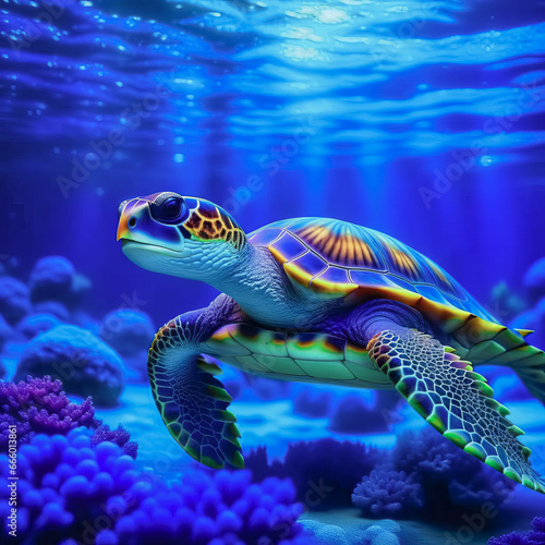 Underwater panorama of a bright tropical reef with a turtle