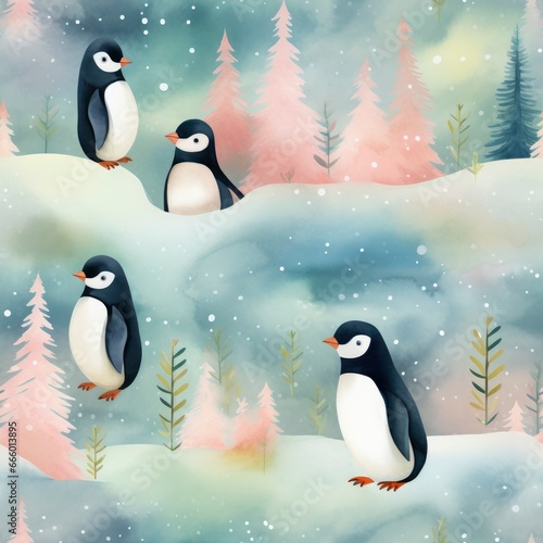Colorful Seamless Watercolor Pattern with Penguins in the Snow