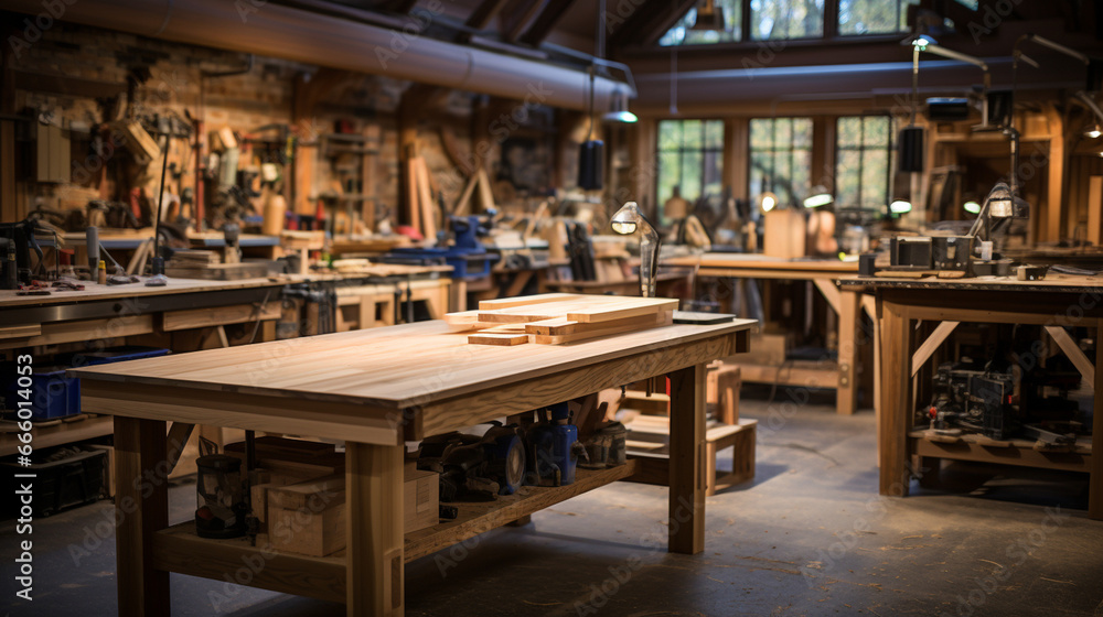 A carpentry club's workshop filled with raw lumber, sawdust, and workbenches where members craft custom furniture