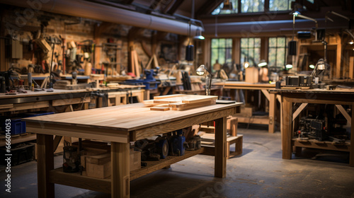 A carpentry club's workshop filled with raw lumber, sawdust, and workbenches where members craft custom furniture