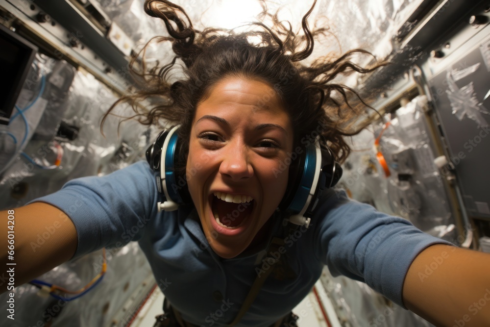 Portrait of astronaut in deep outer space smiling and floating in capsule. Taking selfies in spaceship