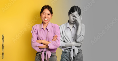 Photography Middle-aged Asian woman mood shifts from happy to depressed with phones