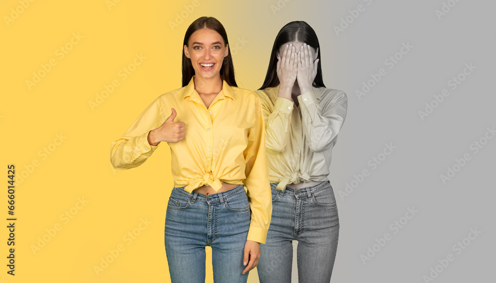 Glad and unhappy millennial caucasian woman suffer from depression, make thumb up and cry Glad and unhappy millennial caucasian woman suffer from depression, make thumb up and cry