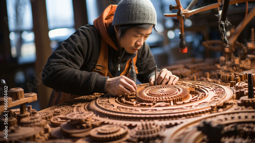 Tableau sur toile A carpenter working on a custom wooden door, surrounded by intricate wood carvin