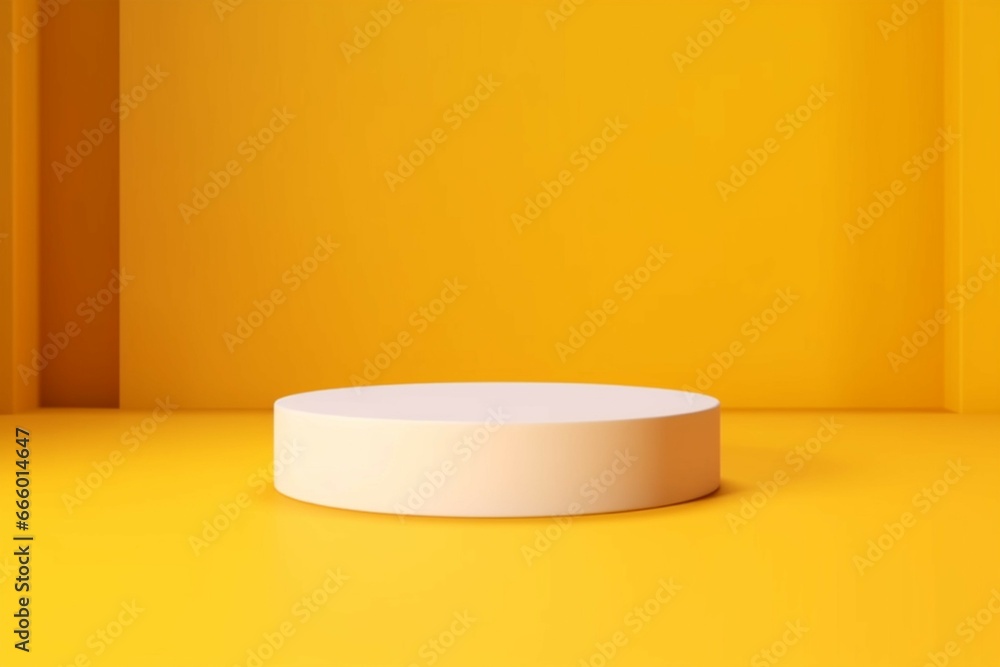 Yellow product display or podium pedestal on advertising background with blank backdrops Yellow product display or podium pedestal on advertising background with blank backdrops