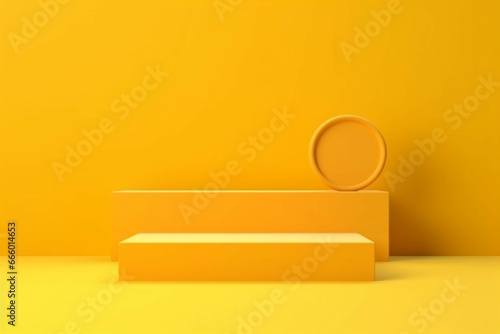Yellow podium shelf or empty studio display on vivid summer background with minimal style, Blank stand for showing product, 3D