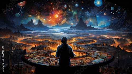 A man stands on the surface of an alien planet and looks at a circle of neon. Silhouette against the backdrop of a fantastic landscape.