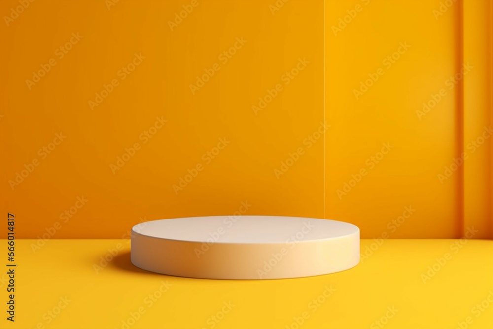Yellow product display or podium pedestal on advertising background with blank backdrops Yellow product display or podium pedestal on advertising background with blank backdrops