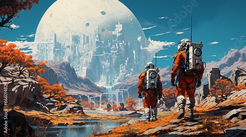 Space Odyssey Exploration, Astronauts navigating a distant alien planet, futuristic landscape, sci-fi, otherworldly, high-tech suits, atmospheric lighting.