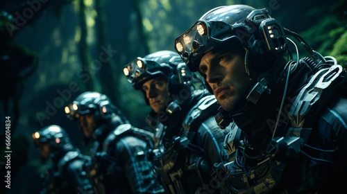 Soldier special forces on a futuristic background. Military concept of the future.