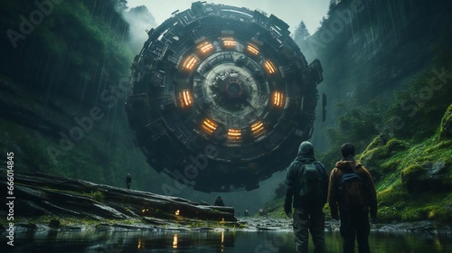UFO in the sky. 3D rendering. Fantasy planet.
