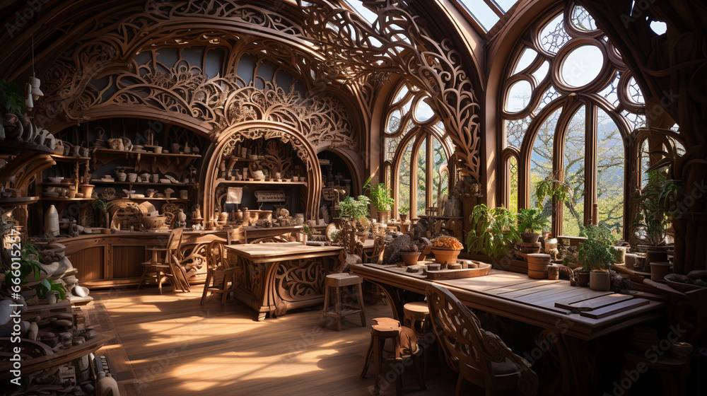 Obraz premium A carpentry workshop adorned with intricate wooden fretwork, creating an atmosphere of artistic inspiration