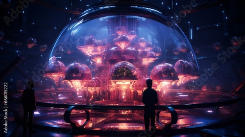 People silhouettes in front of a big dome with a futuristic design