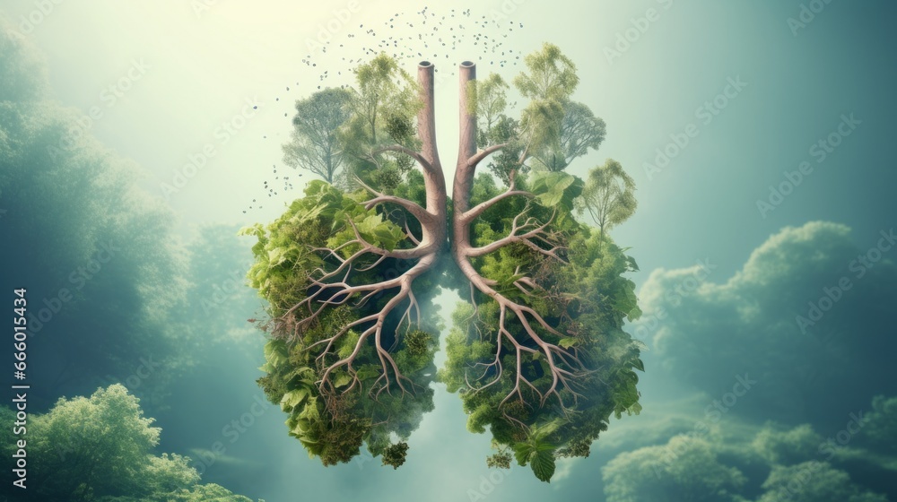 Green lung forest in a shape of lungs. healthy lungs fresh air concept - obrazy, fototapety, plakaty 