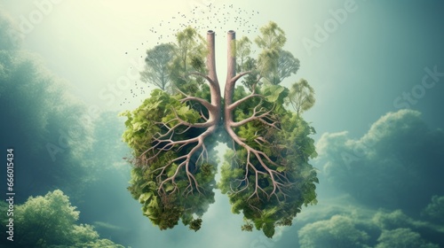 Green lung forest in a shape of lungs. healthy lungs fresh air concept #666015434