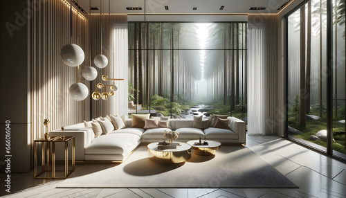 A luxurious modern living room, depicted in photorealistic digital photography, sits within a villa nestled in the forest