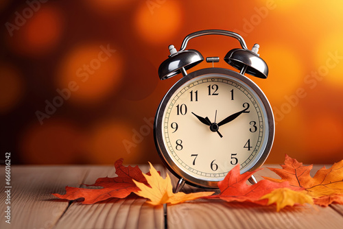 Alarm clock and autumn leaves on a wooden table with a bokeh background and copy space for text