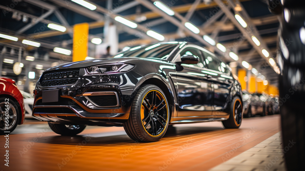 Modern car in a newly manufactured factory or dealership, no people present Modern car in a newly manufactured factory or dealership, no people present