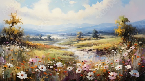 Landscape with flowers and mountains in the background. Digital painting.
