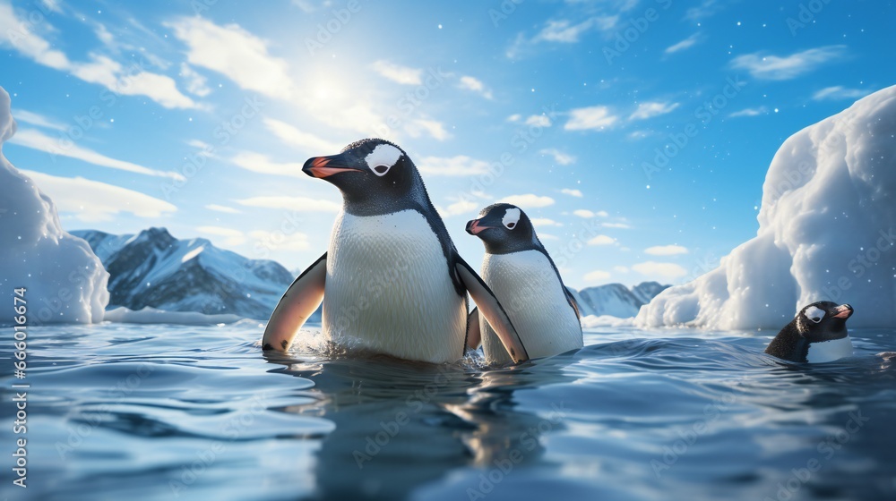 Fototapeta premium Two penguins swimming on the ice in Antarctica. 3d rendering
